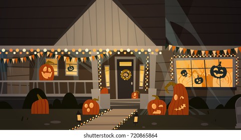 House Decorated For Halloween Home Building Front View With Different Pumpkins, Bats Holiday Celebration Concept Flat Vector Illustration