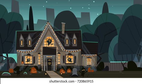 House Decorated For Halloween Home Building Front View With Different Pumpkins, Bats Holiday Celebration Concept Flat Vector Illustration