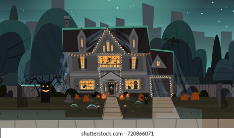 House Decorated For Halloween Home Building Front View With Different Pumpkins, Bats Holiday Celebration Concept Flat Vector Illustration