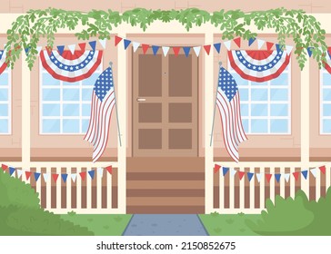 House decorated for Independence day flat color vector illustration. July fourth holiday preparation. Patriotism 2D simple cartoon building exterior with festive decor on background