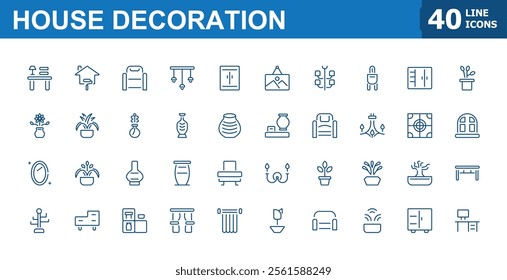 House Decoration lined icons set. Icon office, curtain, bedroom, lighting, living and more. Perfect for logos and infographics. Minimalist vector illustration.