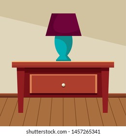 House decoration wooden drawer with light lamp home building interior scenery with wooden floor ,vector illustration graphic design.