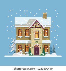 House with decorations for 2019 new year eve with wreath and lanterns, home decor for christmas eve with snowman and garlands. Exterior view on holiday yard with fir tree. Celebration theme