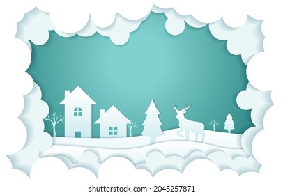 House Deer Tree Cloud Winter Papercut Paper Cut Style Illustration