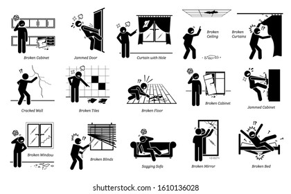House defects issues and structural problems stick figure pictogram icons. Vector illustrations of a person unhappy and angry about home defects, spoiled structures, and broken furnitures.