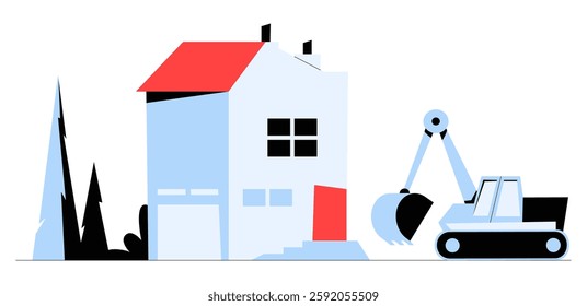House Demolition With Excavator In Flat Vector Illustration Symbolizing Building Destruction, Urban Redevelopment, And Construction, Isolated On White Background.