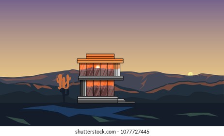 House in desert evening view