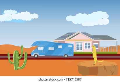 House in desert, highway and buss, flat vector illustration