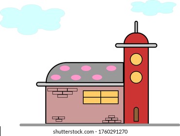 House design with chimney and clouds in the sky on white background