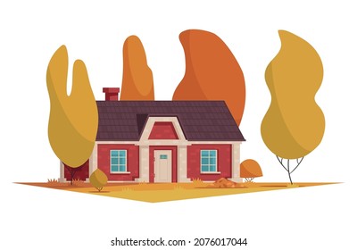House design composition with autumn scenery with trees and image of living house facade flat isolated vector illustration