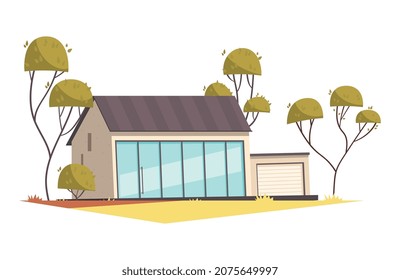 House design composition with exotic scenery with trees and image of living house facade flat isolated vector illustration