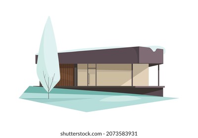 House design composition with winter scenery with trees and image of living house facade flat isolated vector illustration