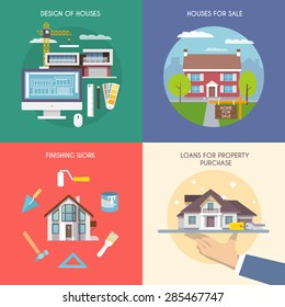 House design concept set with property purchase and building flat icons isolated vector illustration