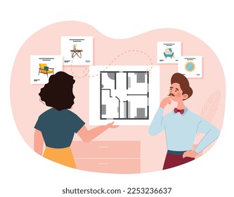 House design consultation. Man and woman look at blueprint and think. Teamwork and partnership. Brainstorming, idea and creative individuals, apartment designers. Cartoon flat vector illustration