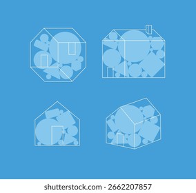 House design different shapes drawing on blue background