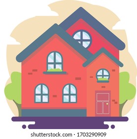 Ilustración de diseño de la casa con árboles y fondo de nube, puede utilizarse para muchos fines