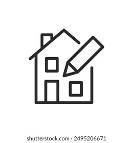 Hausdesign, lineares Stilikon. Haus und Bleistift zeichnen es. Bearbeitbare Strichbreite