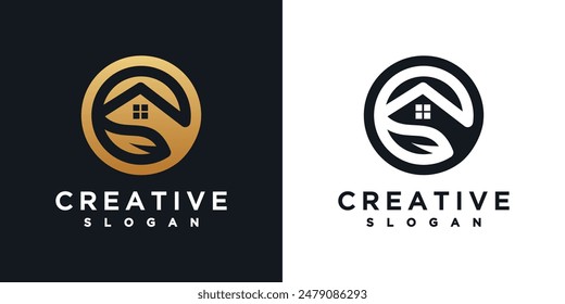house design logo icon with leaf and house inside circle	