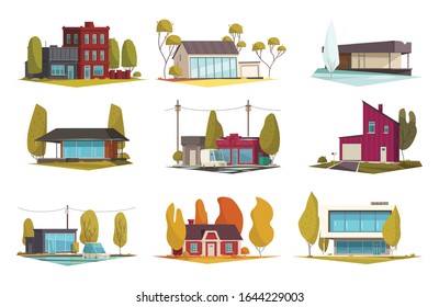 House design set with seasons and weather symbols flat isolated vector illustration