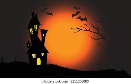 house design under the moon on halloween complete with trees and bats, halloween theme background