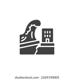Casa destruida por el icono del vector del tsunami. signo plano relleno para concepto móvil y diseño web. Icono de la ola de tsunami y de glifos sísmicos. Símbolo, ilustración del logotipo. Gráficos vectoriales