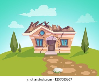 house destroyed facade Vector. Cracks in walls of home. Property insurance. Illustration of a cartoon country house in summer season