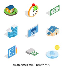 House development icons set. Isometric set of 9 house development vector icons for web isolated on white background