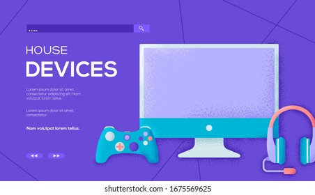 House Devices Flyer, Web-Banner, ui Header, geben Sie Seite. Hintergrund des Gamer-Einladungskonzepts. Moderne Schieberseite für Layoutgrafik