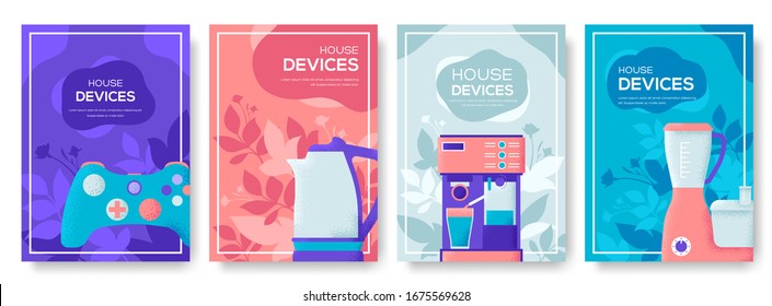 House devices information cards set. Kitchen technology concept  background. Layout modern pages. Home template of flyer, magazines, posters, book cover, banners. Grain texture, noise effect