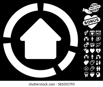 House Diagram icon with bonus amour pictograph collection. Vector illustration style is flat iconic white symbols on black background.