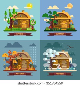 House in different times of the year. Four seasons concept, summer, fall, autumn, winter. Vector set in flat style design.