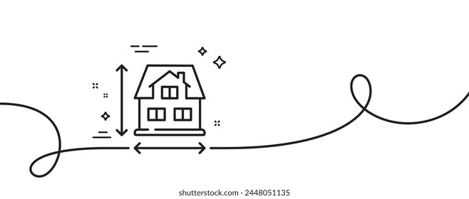 House dimension line icon. Continuous one line with curl. Building size sign. Architecture measurement symbol. House dimension single outline ribbon. Loop curve pattern. Vector