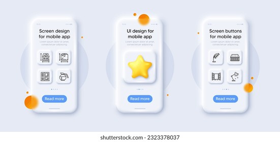 House dimension, Open door and Table lamp line icons pack. 3d phone mockups with star. Glass smartphone screen. Coffeepot, Floor lamp, Box size web icon. Mattress, Entrance pictogram. Vector