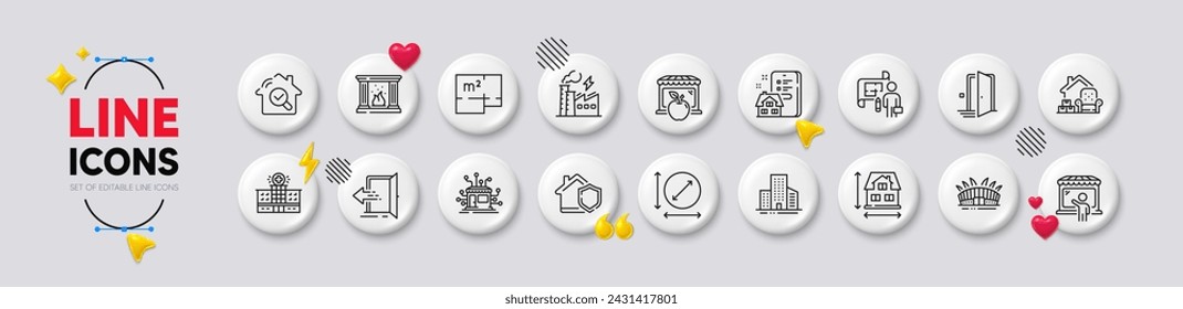 House dimension, Plan and Hospital building line icons. White buttons 3d icons. Pack of Floor plan, Door, Inspect icon. Market, Packing things, Home insurance pictogram. Vector