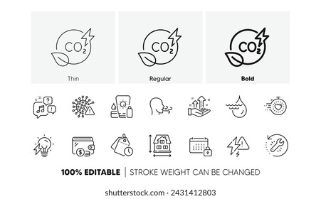 Häuserdimension, Wiederherstellungstool und Zeitgeberzeilensymbole. Packung CO2-Gas, Covid-Virus, Symbol für Analysediagramm. Brieftasche, Kalender, Wasserkraft-Piktogramm. Strombirne, Atemübung. Vektor