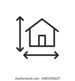 House dimensions, linear style icon. House with horizontal and vertical arrows, size dimensions. Editable stroke width.