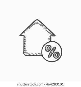 Casa con etiqueta de descuento icono de esbozo vectorial aislado en el fondo. Dibujar mano con icono de etiqueta con descuento. Casa con icono de esbozo de etiqueta de descuento para infografía, sitio web o aplicación.
