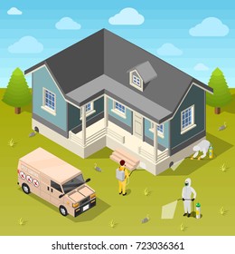 House disinfection isometric background with exterminators in protective suits using repellent for cleaning of rural cottage vector illustration 