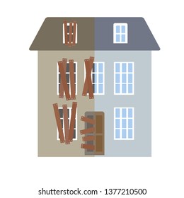 A house divided into before and after renovation parts 
