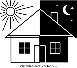 Una casa dividida en día y noche con sol y luna