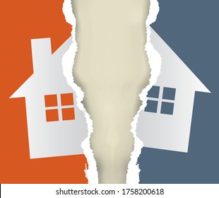 Casa, división de bienes inmuebles, concepto de papel roto.
Papel despojado con el colorido símbolo de la casa que simboliza la división de la propiedad. Vector disponible.