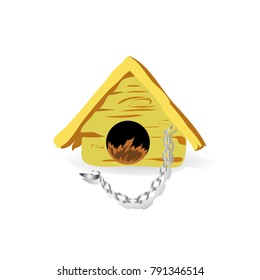 House for a dog, with chain, cartoon on white background, vector