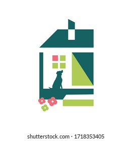 house with a dog in green colors in flat style