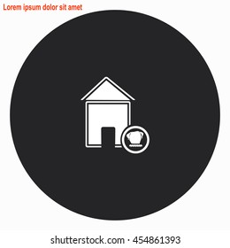 House with a dog web icon. Gray circle button with white illustration.