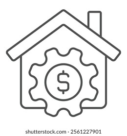 House with dollar cogwheel coin thin line icon, housing market concept. Vector graphics. Cottage building and gear sign on white background, outline style icon for mobile or web design