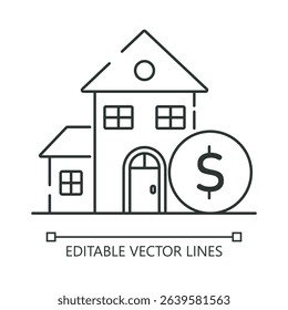 House with a dollar sign icon, ideal for illustrating real estate investment concepts. Vector isolated outline drawing. Editable stroke