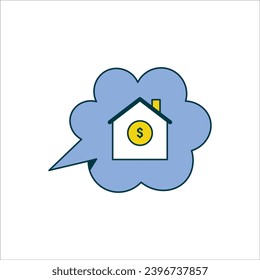 Casa con signo de dólar en burbuja de habla. Icono del vector sobre fondo blanco