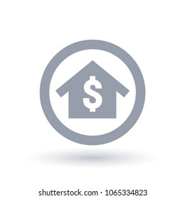 House with dollar symbol in circle outline. Real estate home mortgage icon. Residential property price sign.