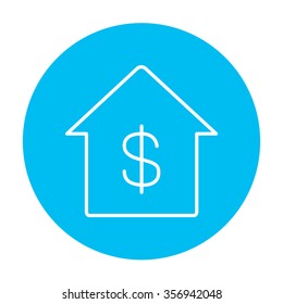 House with dollar symbol line icon for web, mobile and infographics. Vector white icon on the light blue circle isolated on white background.