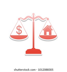 House and dollar symbol on scales. Vector. Reddish icon with white and gray shadow on white background. Isolated.